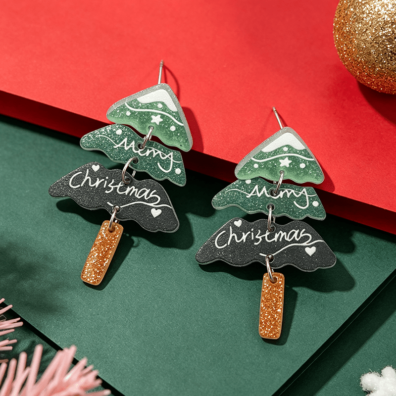 Multi-Layer Green Christmas Tree Earrings, Festive Gift